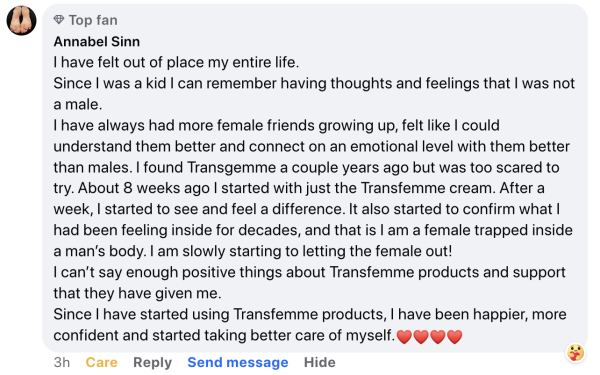 Annabel Sinn testimonials about transfemme cream